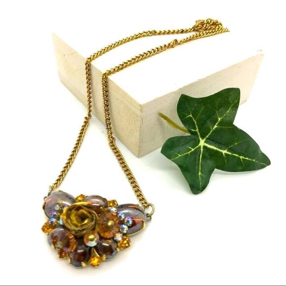 Handmade Up Cycled Rhinestone Necklace Brown GoldChain Necklace - Picture 1 of 13